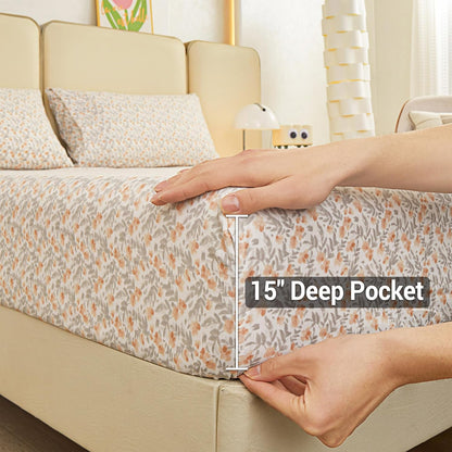 Viviland Floral Queen Sheet Set - 4 Piece Vintage Pink & Yellow Flower Patterned Bed Sheets - Soft, Breathable Microfiber Sheets with Deep Pocket, Non-Slip Fitted Sheets & Pillowcases