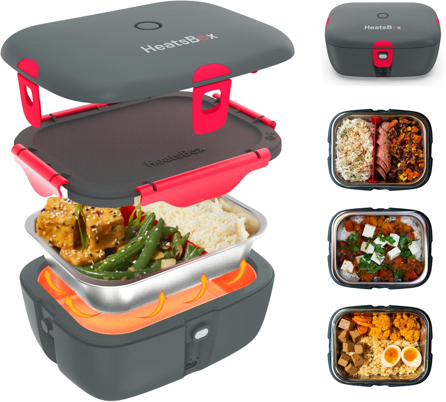 HeatsBox Electric Lunch Box 100W Portable Food Warmer | App Control | Car, Truck, Office, Outdoor Work | 31oz Stainless Steel Battery Powered Self Heating Lunchbox | 12V 24V 110V | Ideal Gift