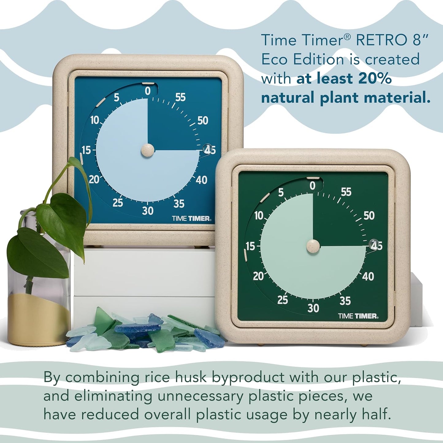 Time Timer® Retro 8 inch Eco Edition Visual Timer - 60 Minute Desk Countdown Clock Made with at Least 20% Natural Plant Material- Blue Water