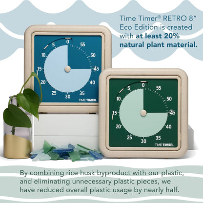 Time Timer® Retro 8 inch Eco Edition Visual Timer - 60 Minute Desk Countdown Clock Made with at Least 20% Natural Plant Material- Blue Water