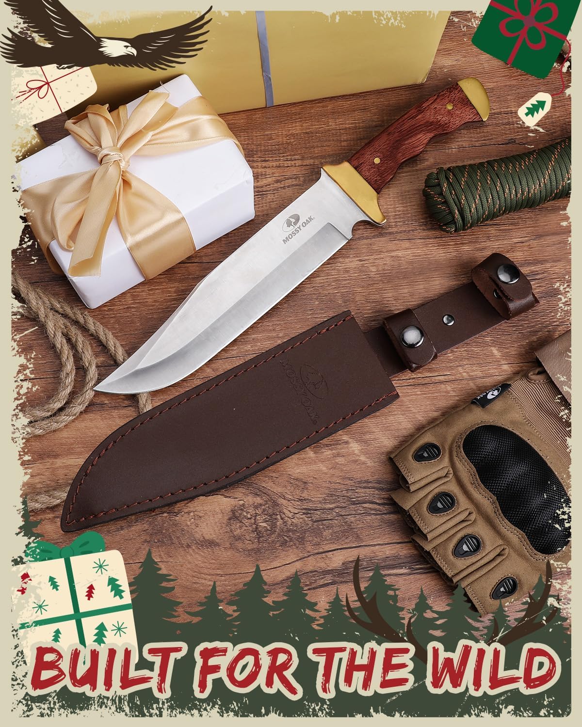 MOSSY OAK 14-inch Bowie Knife, Full-tang Fixed Blade Wood Handle with Leather Sheath for Camping Survival