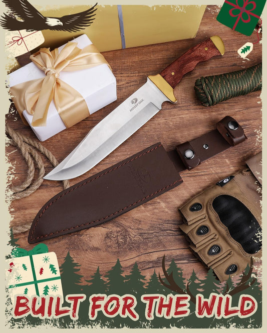 MOSSY OAK 14-inch Bowie Knife, Full-tang Fixed Blade Wood Handle with Leather Sheath for Camping Survival - PuriLite