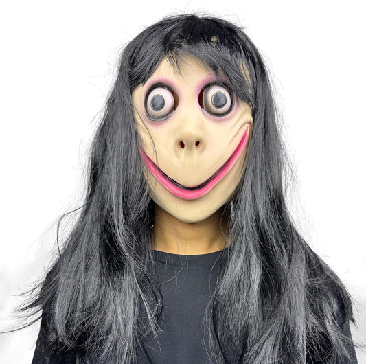 Scary Momo Mask with Long Black Wig - Latex Halloween Costume for Adults - Creepy Face Mask for Parties & Haunted Houses