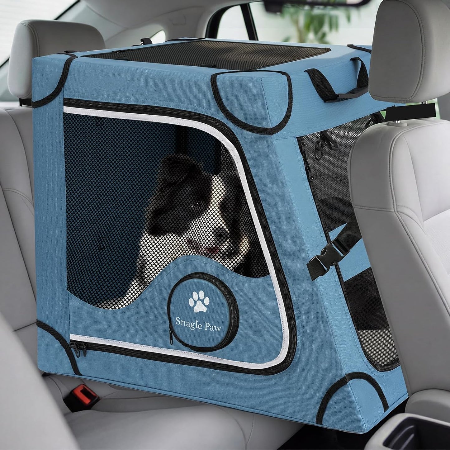 Snagle Paw Portable Dog Crate for Car Travel,Metal Frame Pet Crate,Pet Carrier for Car Back Seat Secures with Headrest Strap and Seatbelt,M