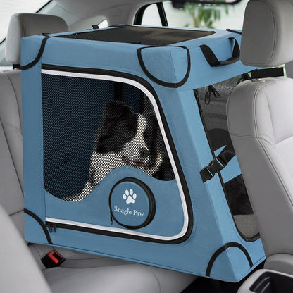 Snagle Paw Portable Dog Crate for Car Travel,Metal Frame Pet Crate,Pet Carrier for Car Back Seat Secures with Headrest Strap and Seatbelt,M