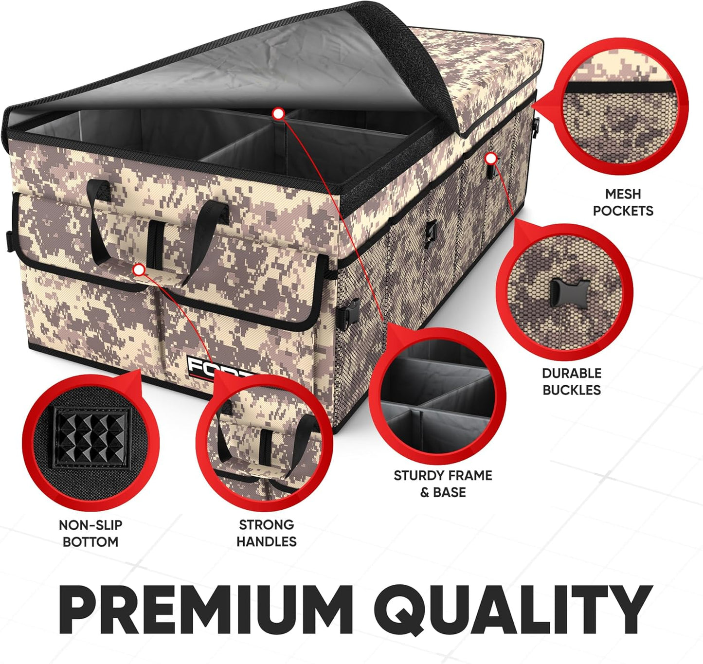 FORTEM Car Trunk Organizer, Collapsible Multi Compartment Car Organizer, Foldable SUV Storage for Car Accessories for Women Men, Non Slip Bottom, Securing Straps, Soft Cover 50L (Black, Standard)