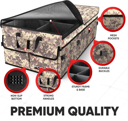 FORTEM Car Trunk Organizer, Collapsible Multi Compartment Car Organizer, Foldable SUV Storage for Car Accessories for Women Men, Non Slip Bottom, Securing Straps, Soft Cover 50L (Black, Standard)