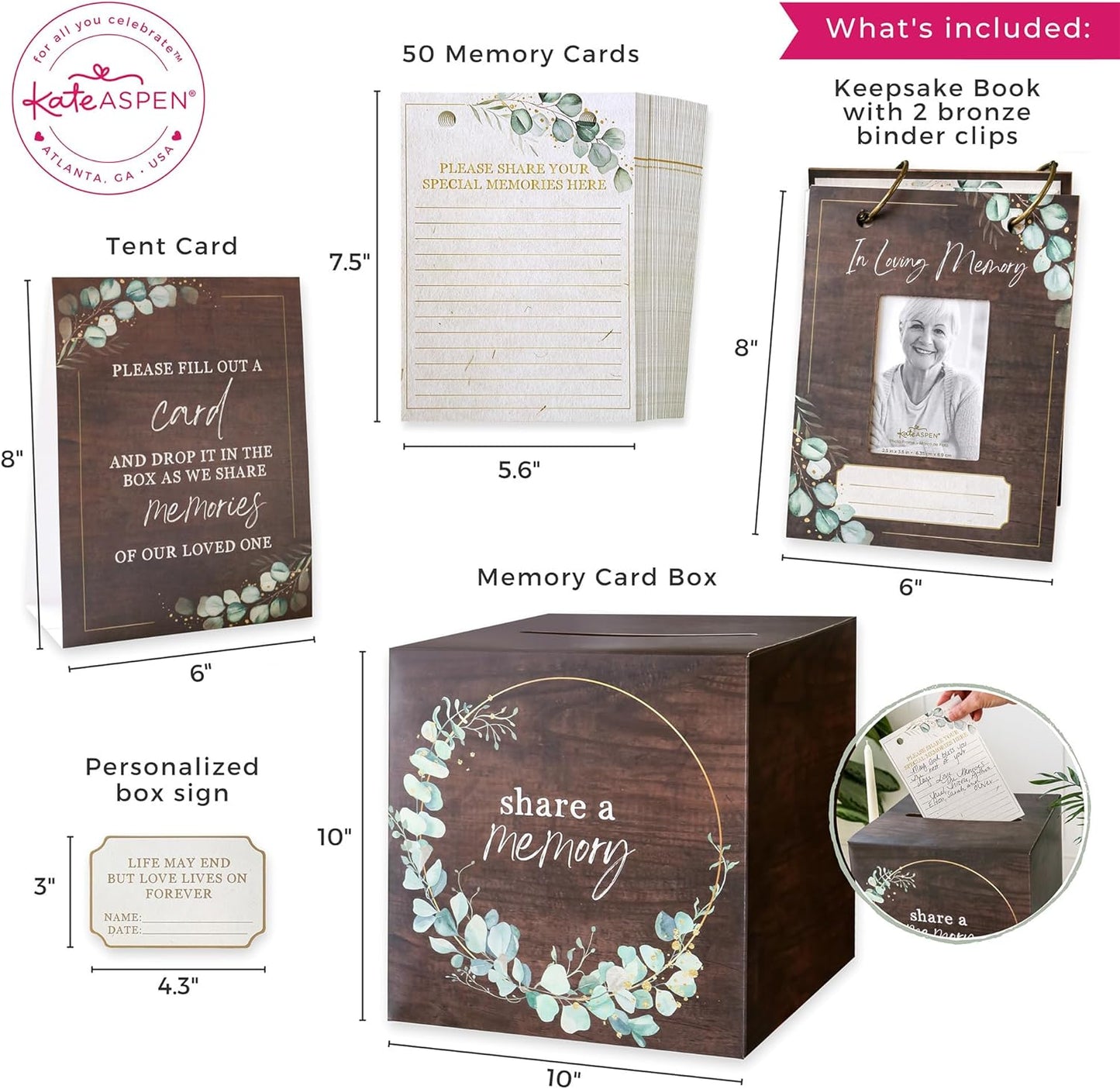 Kate Aspen Celebration of Life Memory Funeral Guest Book and Box for Memorial Service Bereavement Cards, Prayer Cards - Hard Cover Book, Box, 50 Memory Cards and Binder Rings