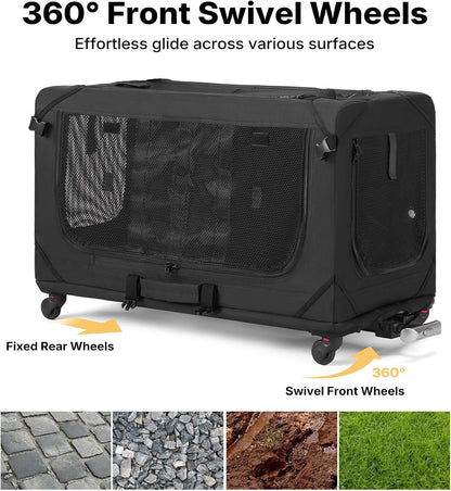 Veehoo Large Pet Carrier with Wheels for 2 Cats, Extra Long 76cm Foldable | Soft-Sided Rolling Cat Carrier for 2 Small Dogs, Removable Divider, Telescopic Handle, 76× 38× 51 cm, Black