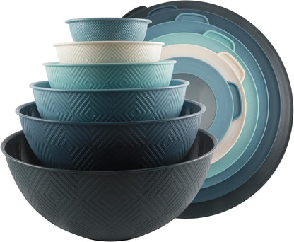 COOK WITH COLOR Mixing Bowls with TPR Lids - 12 Piece Plastic Nesting Bowls Set Includes 6 Prep Bowls and 6 Lids, Microwave Safe Mixing Bowl Set (Green)