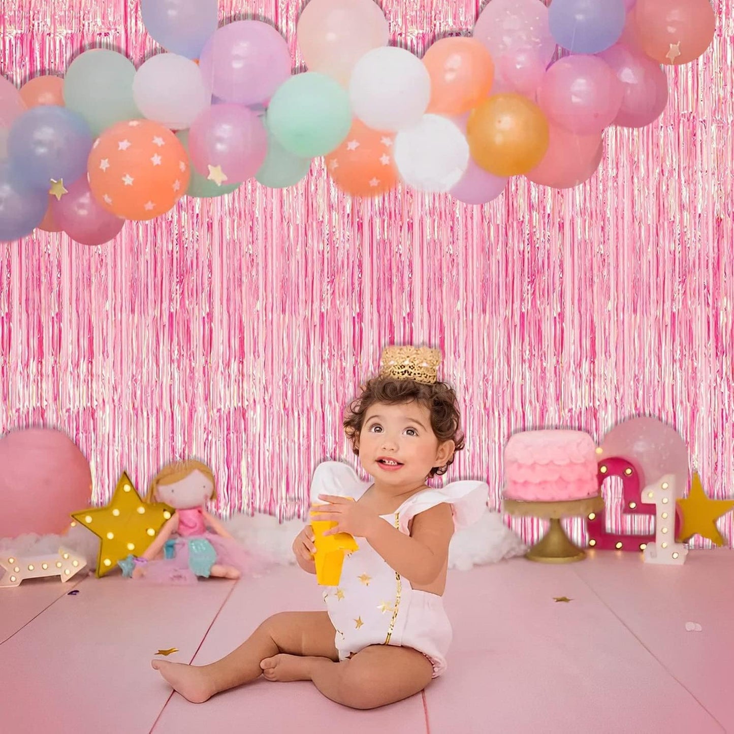 BRAVESHINE Pink Glitter Tinsel Foil Fringe Curtain - 2 Pcs 3.2x8.2 ft Metallic Party Supplies Photo Backdrop for Girl Princess Birthday Unicorn Bachelorette Butterfly Bridal Shower Party Decorations