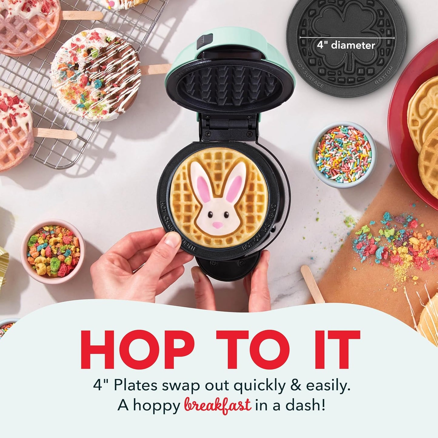 DASH Multimaker Mini System Two 4” Nonstick Removable Waffle Plates (Bunny & Shamrock) - 2Pc Plate Pack Compatible with Dash MultiMaker Mini System, Nonstick Surface