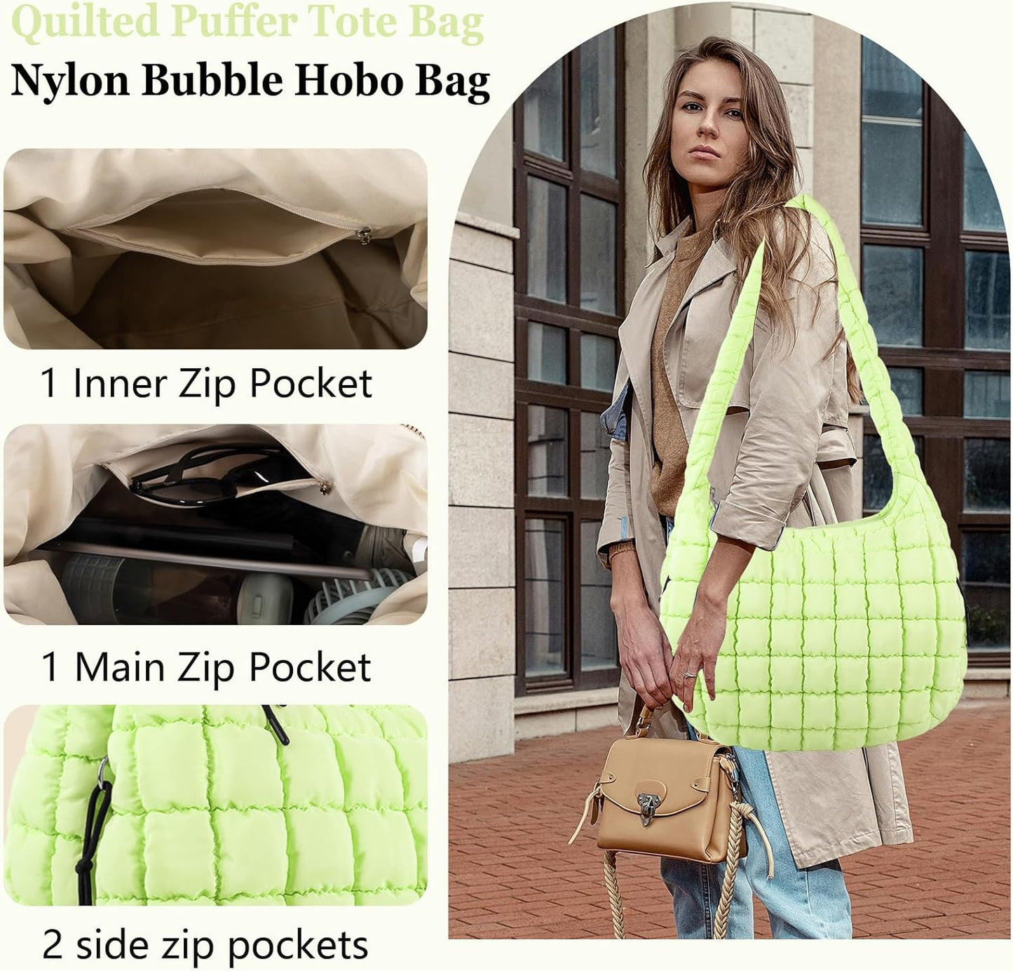 Quilted Puffer Tote Bag Large Crossbody Shoulder Bag with Zipper, Nylon Hobo Oversized Handbag