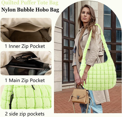 Quilted Puffer Tote Bag Large Crossbody Shoulder Bag with Zipper, Nylon Hobo Oversized Handbag
