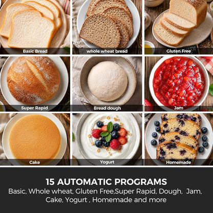 Davivy Bread Machine 3.5LB Large Capacity, 850W Automatic Bread Maker with 15 Programs (Gluten Free, Homemade Memory, Dough Shortcut), 15H Delay Timer, 1H Keep Warm, Nonstick Pan