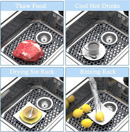 BEHOK 2 Pack Silicone Sink Protector for Kitchen Sink Bathroom Sink 13.58"x 11.6" Sink Mat, Non-Slip and Durable Silicone Sink Grid, Rear Drain (Gray)