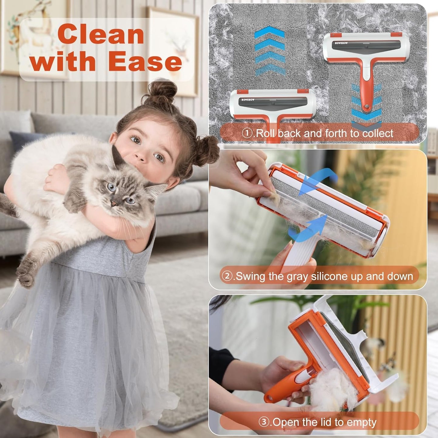 ACE2ACE Pet Hair Remover, Dog and Cat Hair Removal Brush, Reusable Lint Roller for Furniture, Couch, Rug and Bedding