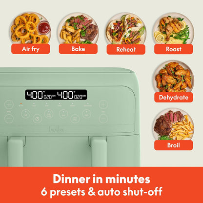 bella 4Qt Slim Air Fryer, Fits-anywhere Kitchenware, EverGood Ceramic Nonstick Coating, Adjustable Temperature, 6 Preset Cooking Options, 60 Min Auto Shutoff w Audible Tone, 3.3lb Capacity, Surf