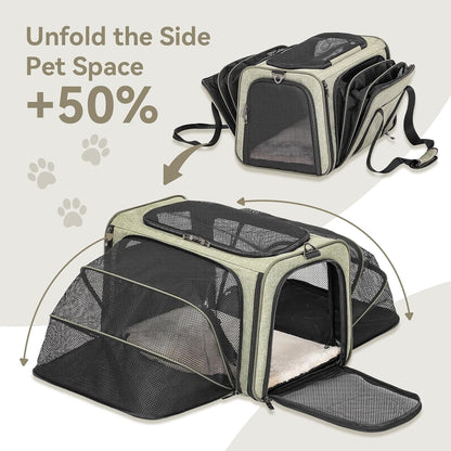 Petsfit Expandable Cat Dog Carrier Airline Approved, 17" L x 11" W x 11" H Soft-Sided Portable Pet Travel Carrier for Kitten, Puppy, Removable Soft Plush Mat and Pockets, Auto-Locking Zippers