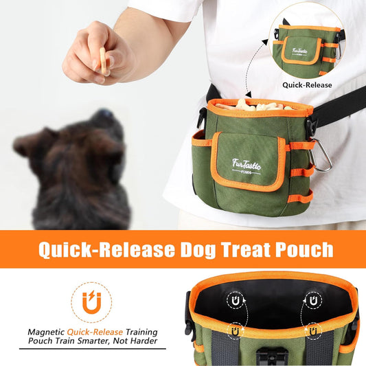 FurtasticFinds Dog Treat Pouch with Quick-Release Magnetic Closure, 3-Way Wear Treat Bags, 900D Waterproof Fabric, 4 Storage Spaces, Treat Pouch for Pet Training Walking (Green) - PuriLite