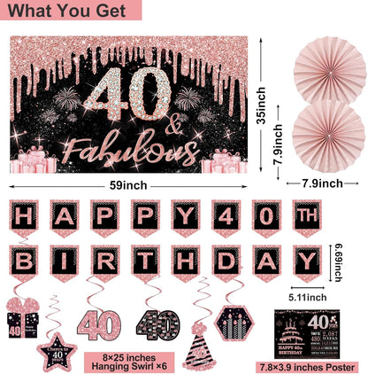40th Birthday Decorations for Women,32pcs 40th Birthday Party Decorations,Including Backdrop, Crown,Sash,banner, Hanging Swirl,Cake Topper,balloons,Paper Fans,Anniversary Card and paper fans