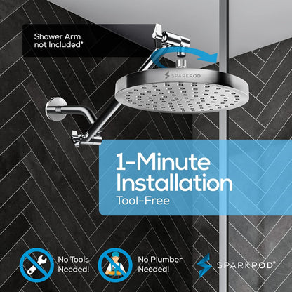 SparkPod Shower Head - High Pressure Rain - Premium Quality Luxury Design - 1-Min Install - Easy Clean Adjustable Replacement for Your Bathroom Shower Heads (Luxury Polished Chrome, 6 Inch Round)