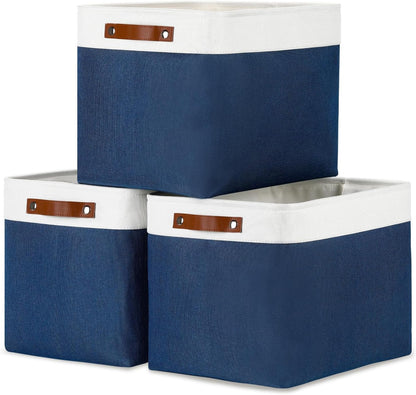 DULLEMELO Storage Baskets for Shelves, Fabric Collapsible Rectangular Storage Bins for Shelves, Closets, Nursery, Home, Office, Empty Gift Baskets (White&Teal)
