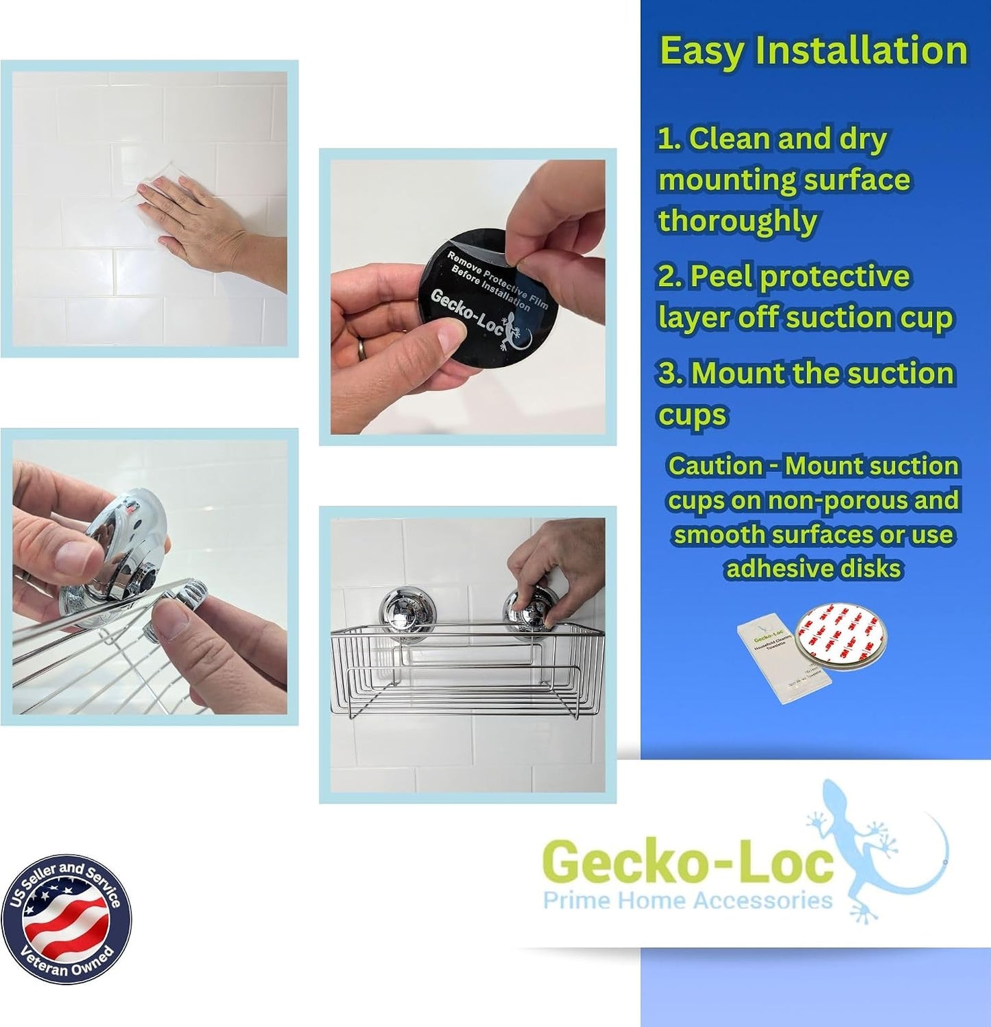 Gecko-Loc Suction Cup Shower Caddy Bath Organizer - Bathroom Storage Basket (Black, Combo)