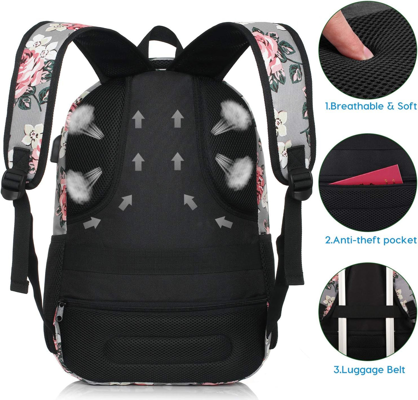 Backpack for Teen Girls,Boys School Backpack for Women with USB,College Backpack,Big Flower