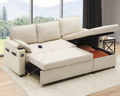 DURASPACE Sofa Bed Sleeper Pull Out 2 in 1 Sectional Sleeper Sofa Couches with Storage,USB, Cup Holder,Pullout Sectional Couches for Apartment Living Room (Dark Gray Linen)