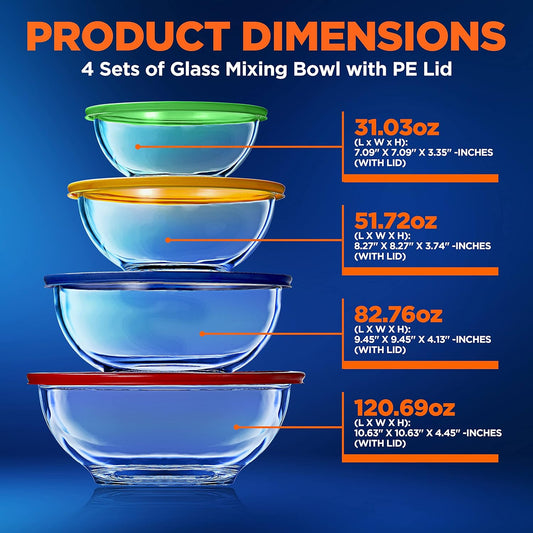NutriChef 4-Piece Glass Mixing Bowl Set with Airtight Lids - Meal Prep Containers, Salad Bowls - Stackable, Leakproof, Freezer-to-Oven Safe, Dishwasher Safe
