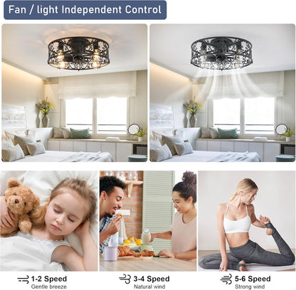 Garwarm Caged Low Profile Ceiling Fan with Lights and Remote, 20in Rustic Flush Mount Small Farmhouse Bladeless Ceiling Fan for Bedroom, Kitchen, Dining Room