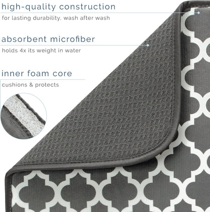 S&T INC. Absorbent, Reversible XL Microfiber Dish Drying Mat for Kitchen, 18 Inch x 24 Inch, Pewter Gray Trellis