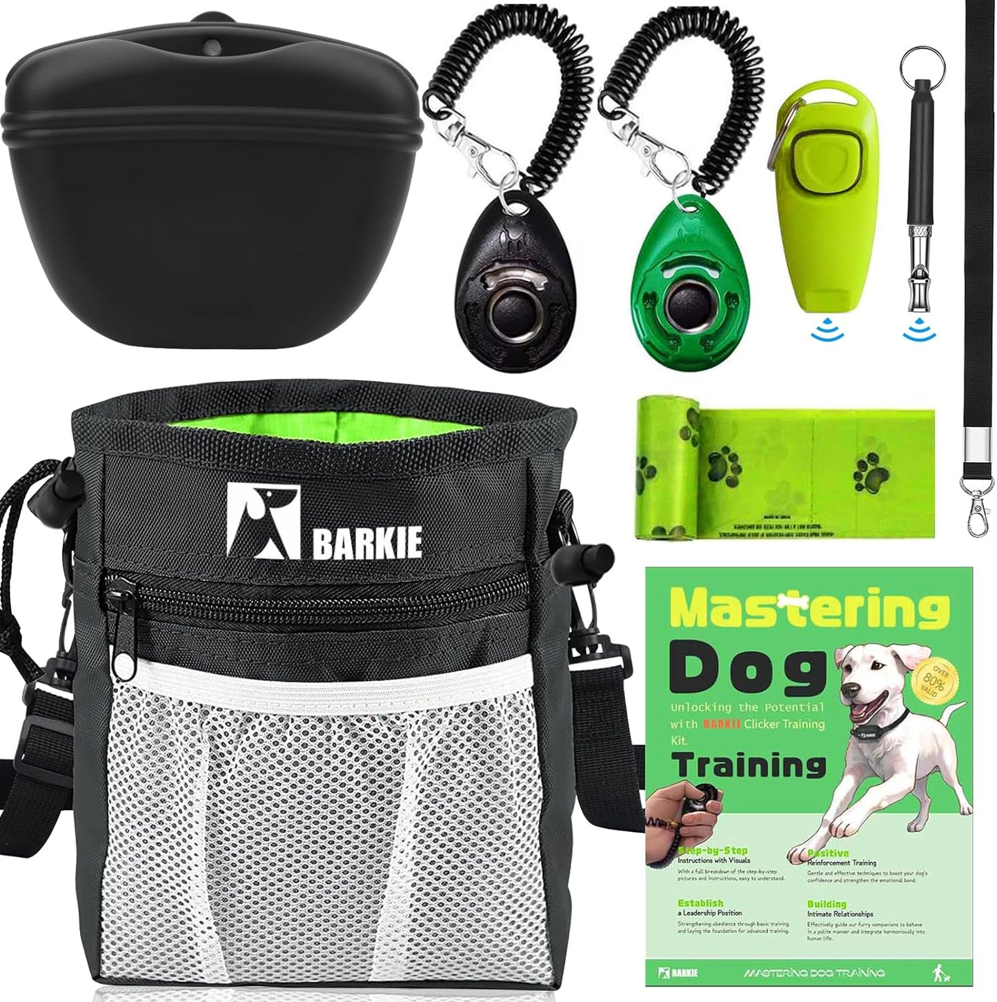 Dog Training Kit - Treat Pouch, Pet Training Fanny Pack, 2 Puppy Training Clickers, Ultrasonic Silent Whistle, 2-in-1 Whistle Clicker, Clicker Training Guide Booklet, Dog Poop Bag (Grey)