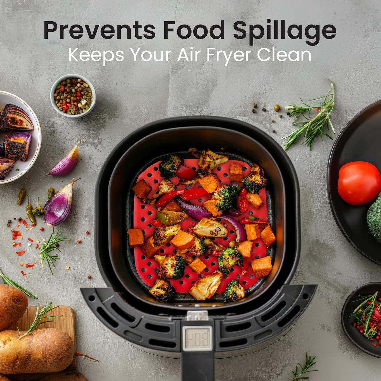 Collapsible Silicone Air Fryer Basket Liners Pot - AirFryer Liners Reusable Bowls for 5 Quart or Bigger - Air Fryer Accessories 2 Pack - Round Silicone Liners (Red & Black)