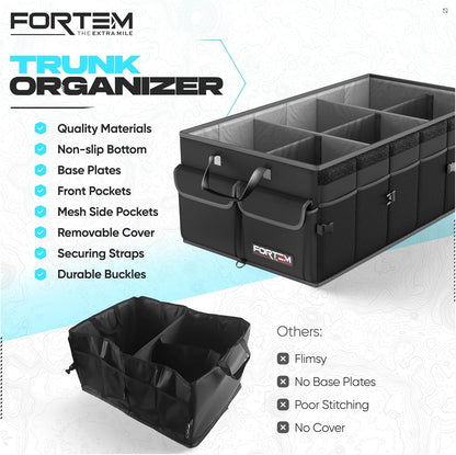 FORTEM Car Trunk Organizer, Collapsible Multi Compartment Car Organizer, Foldable SUV Storage for Car Accessories for Women Men, Non Slip Bottom, Securing Straps, Soft Cover 50L (Black, Standard)