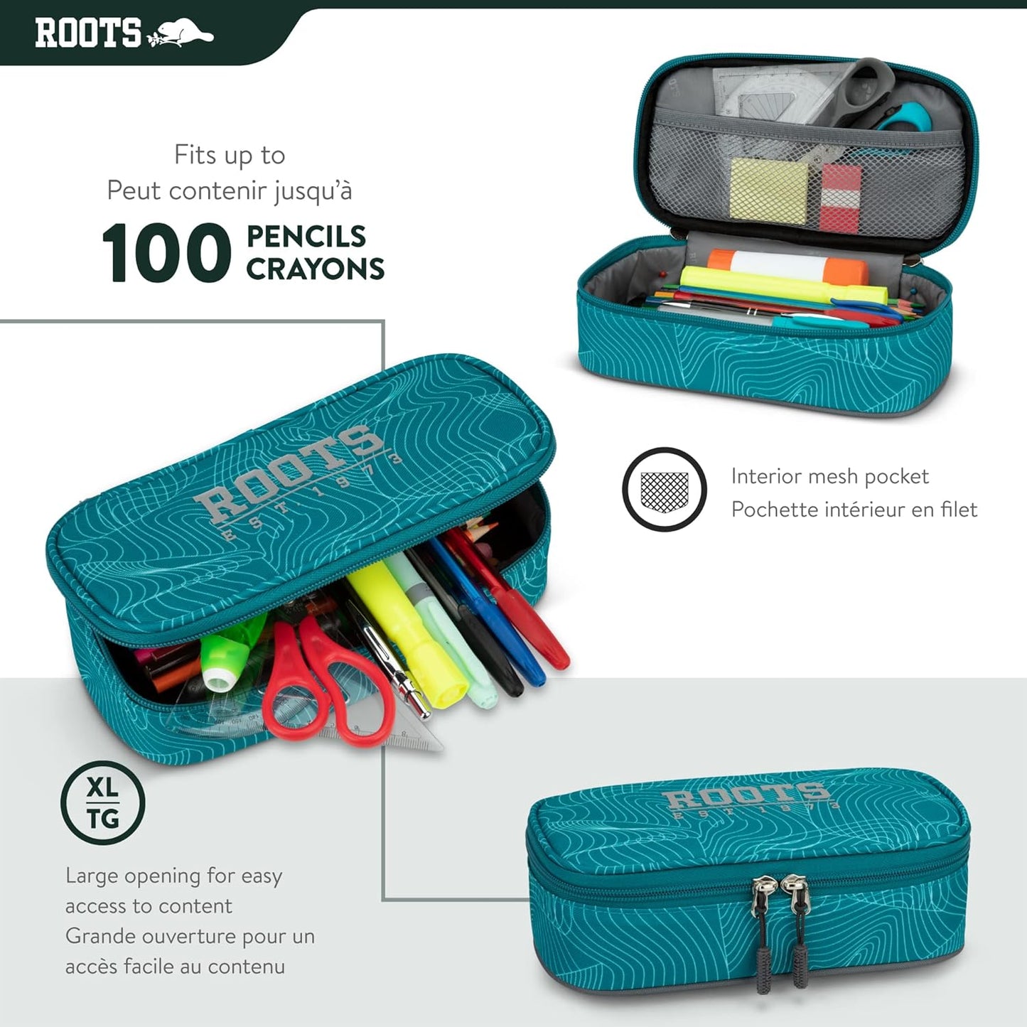 Roots Original 3-in-1 Matching Water Resistant Backpack and Lunch Bag Set with Bonus Pencil Case - Made From 100% Recycled Fabrics - 33 litres, Blue, Large