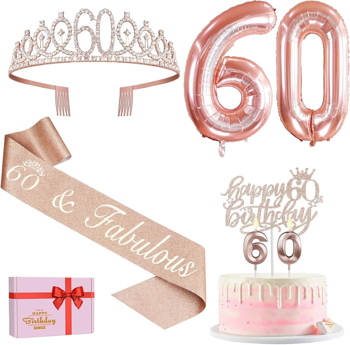 65th Birthday Decorations for Women, Including 65th Birthday Sash and Crown, Cake Topper and Candles, Number Balloons Rose Gold, 65 Year Old Gifts for Women