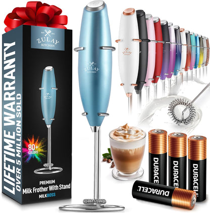 Zulay Milk Frother Complete Set Coffee Gift, Handheld Foam Maker for Lattes - Whisk Drink Mixer for Coffee, Mini Blender for Cappuccino, Frappe - Includes Frother, Stencils & Frothing Cup (Black)