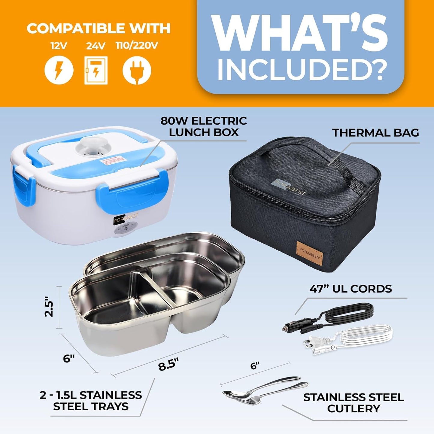 FORABEST Electric Lunch Box Food Heater 80W 1.5L Stainless Steel Heated Lunch Box for Men & Women, Universal 12/24/110/220V Self Heating Lunch Box for Car, Truck & Work, Portable Food Warmer lunch box