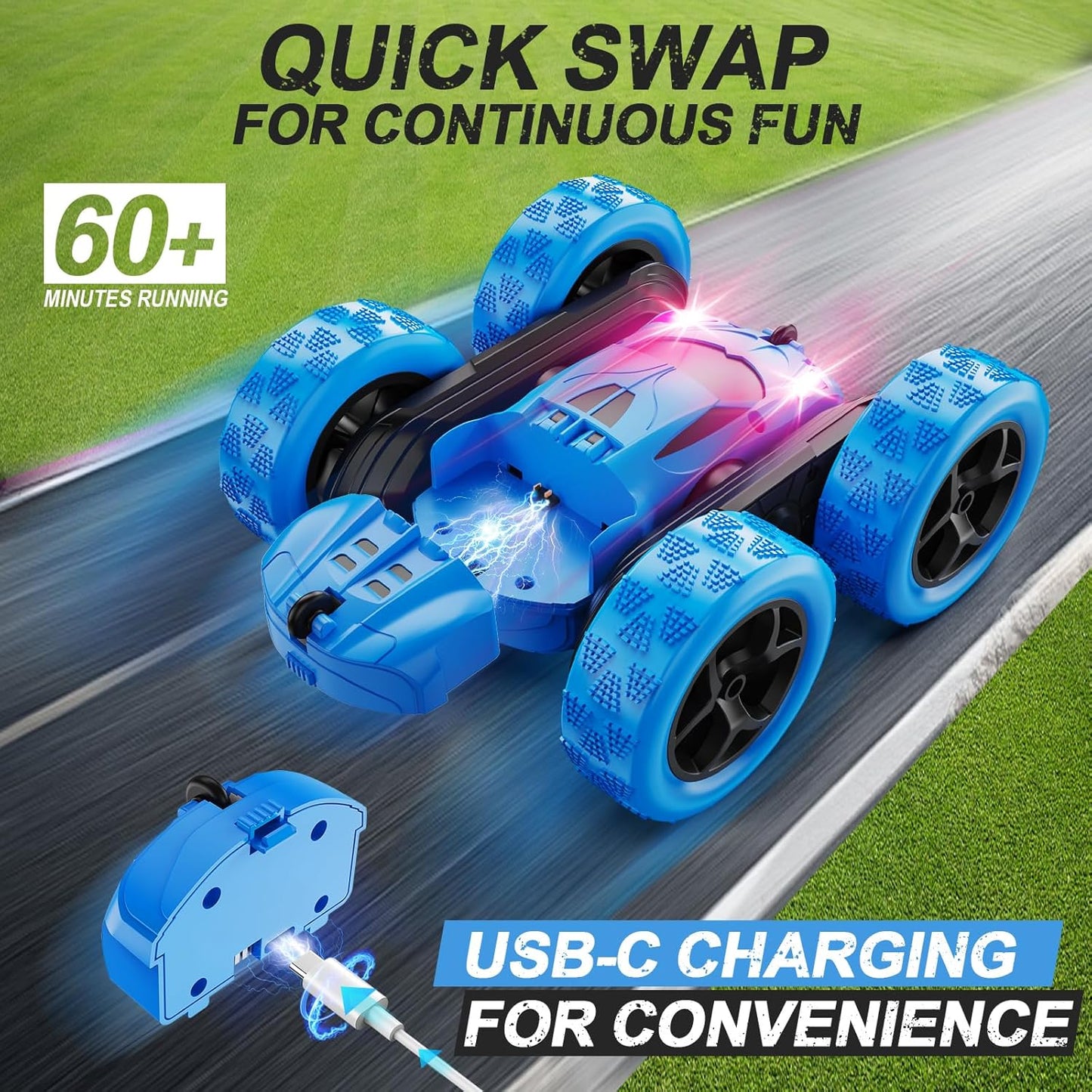 QUNREDA Remote Control Car for Kids Ages 6+, RC Cars Stunt Car Toy 4WD Double Sided 360° Rotating Remote Control with Headlights, Birthday Xmas Gifts for Boys 6 7 8 9 10 11 12 1-Blue