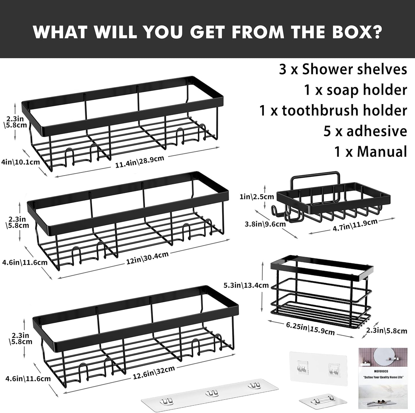 Moforoco Shower Caddy Shelf Organizer Rack, Self Adhesive Black Bathroom Shelves Basket, Home Farmhouse Wall Shower Inside Organization and Storage Decor Rv Accessories, First Apartment Essentials