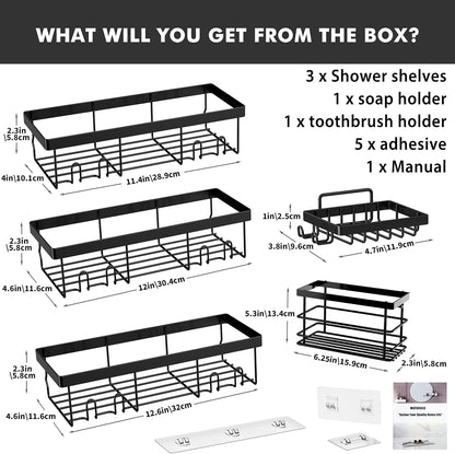 Moforoco Shower Caddy Shelf Organizer Rack, Self Adhesive Black Bathroom Shelves Basket, Home Farmhouse Wall Shower Inside Organization and Storage Decor Rv Accessories, First Apartment Essentials