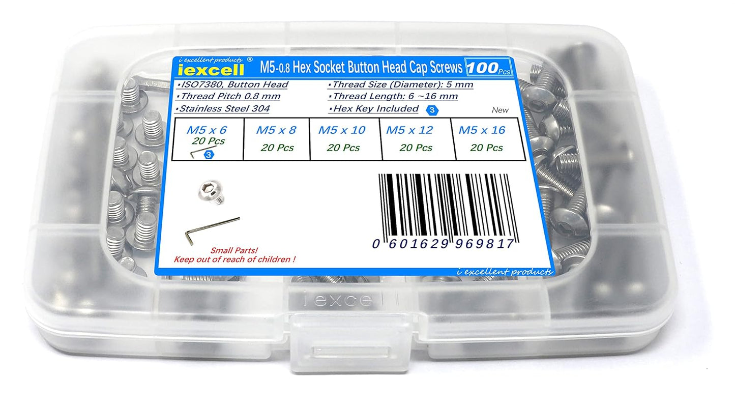 iexcell 50 Pcs M6 x 20mm Thread Pitch 1 mm Stainless Steel 304 Hex Socket Button Head Cap Screws Bolts Kit