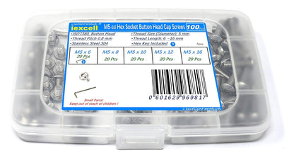 iexcell 50 Pcs M6 x 20mm Thread Pitch 1 mm Stainless Steel 304 Hex Socket Button Head Cap Screws Bolts Kit