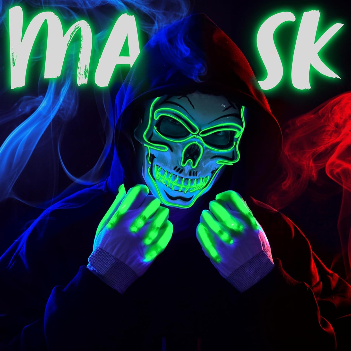JOYIN Halloween LED Skull Mask with Light Up Gloves, LED Light up Skeleton Mask, Scary Glow in The Dark Mask for Kids Adult Halloween Cosplay Costumes Accessory Party Dress Up Props