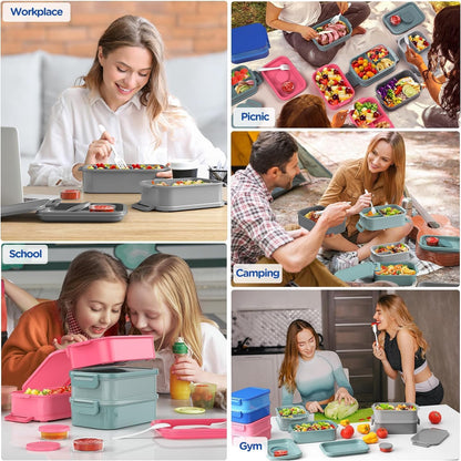 JSCARES Lunch Box Adults Bento Box - All-in-One Stackable 74 OZ Lunch Box Containers for Adult Large Bento Box with Fork Spoon Sauce Boxes, Leakproof Lunchbox for Work School Dining Out (Green)