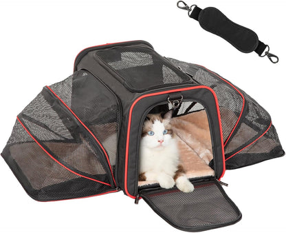 Petsfit Expandable Cat Dog Carrier Airline Approved, 17" L x 11" W x 11" H Soft-Sided Portable Pet Travel Carrier for Kitten, Puppy, Removable Soft Plush Mat and Pockets, Auto-Locking Zippers