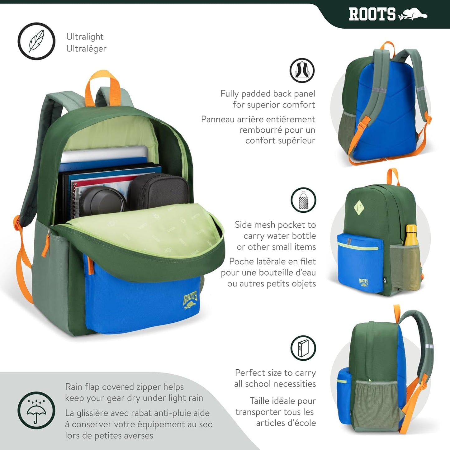 Roots Teen Lightweight Backpack — Made from Recycled Polyester with 15.6" Laptop Compartment, Rain Flap, Bottle Pocket, Reflective Accent, and Back Padding — 34L, Black