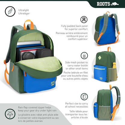 Roots Teen Lightweight Backpack — Made from Recycled Polyester with 15.6" Laptop Compartment, Rain Flap, Bottle Pocket, Reflective Accent, and Back Padding — 34L, Black